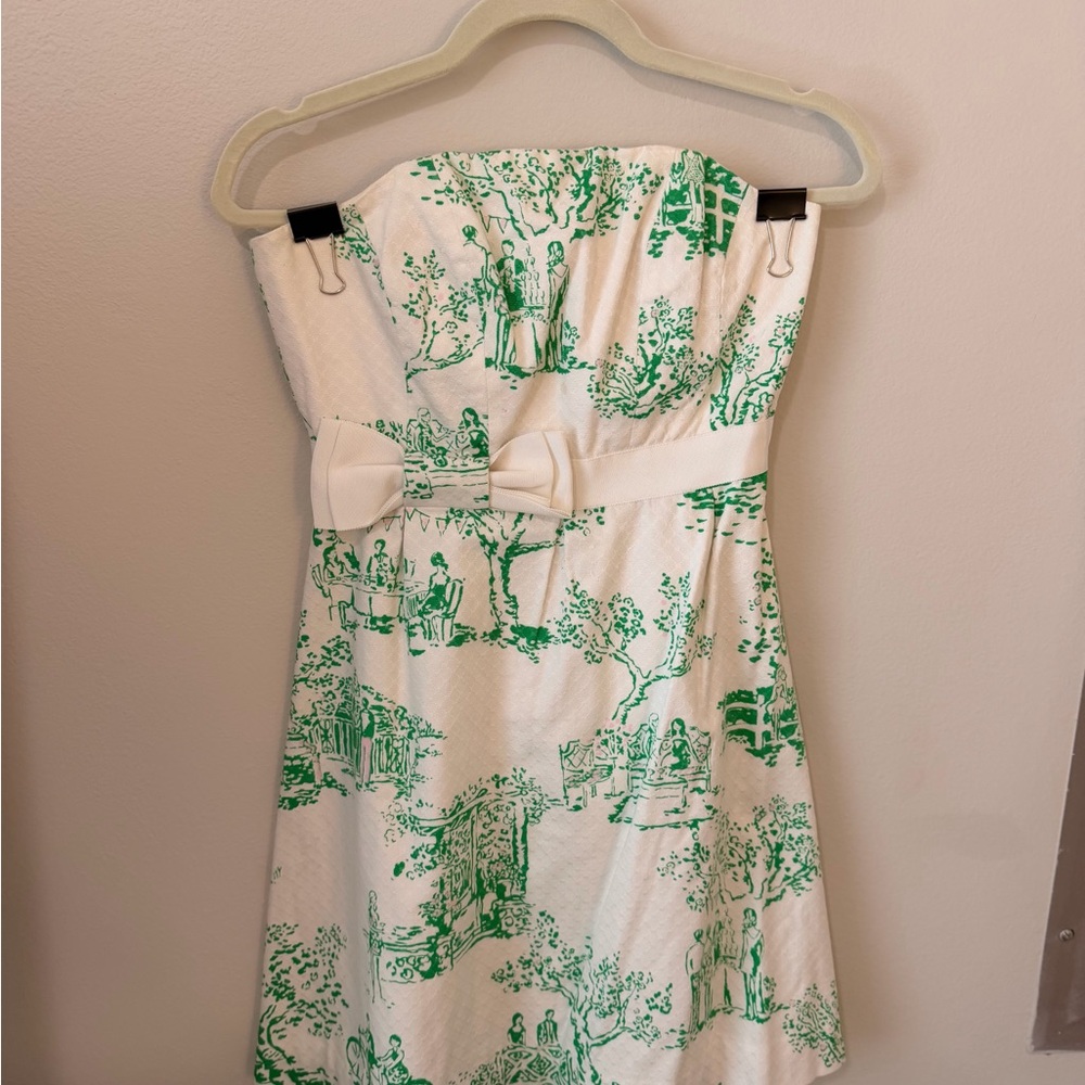 Vintage Lilly Pulitzer White Strapless Toile Dress with Green Print and Bow